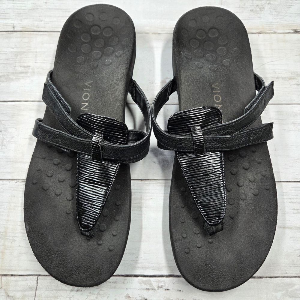 Vionic Karley Thong Sandals Womens 11 Black Orthotic Adjustable Leather Strappy